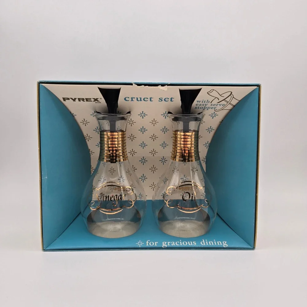 Vintage Pyrex Cruet Set Clear Gold Band Oil Vinegar Mid Century Modern Retro